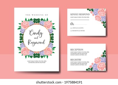 Wedding invitation frame set, digital art hand drawn Watercolor Pink and Purple Rose Flower design Invitation Card Template