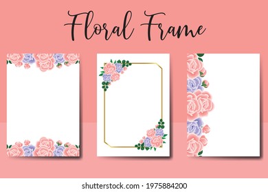 Wedding invitation frame set, digital art hand drawn Watercolor Pink and Purple Rose Flower design Invitation Card Template