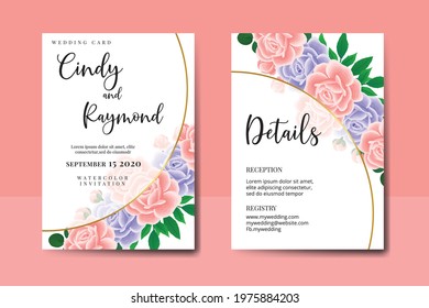 Wedding invitation frame set, digital art hand drawn Watercolor Pink and Purple Rose Flower design Invitation Card Template
