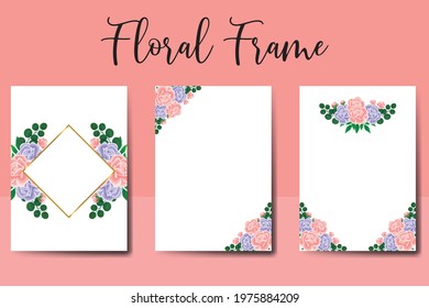 Wedding invitation frame set, digital art hand drawn Watercolor Pink and Purple Rose Flower design Invitation Card Template