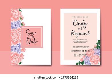Wedding invitation frame set, digital art hand drawn Watercolor Pink and Purple Rose Flower design Invitation Card Template
