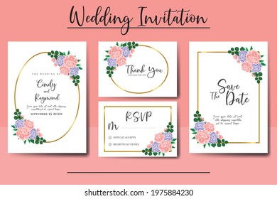 Wedding invitation frame set, digital art hand drawn Watercolor Pink and Purple Rose Flower design Invitation Card Template