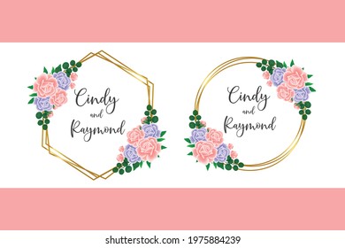 Wedding invitation frame set, digital art hand drawn Watercolor Pink and Purple Rose Flower design Invitation Card Template