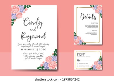 Wedding invitation frame set, digital art hand drawn Watercolor Pink and Purple Rose Flower design Invitation Card Template