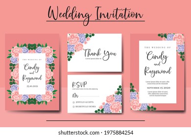 Wedding invitation frame set, digital art hand drawn Watercolor Pink and Purple Rose Flower design Invitation Card Template