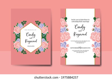 Wedding invitation frame set, digital art hand drawn Watercolor Pink and Purple Rose Flower design Invitation Card Template