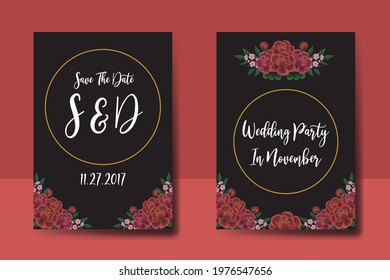 Wedding invitation frame set, digital art hand drawn Watercolor Red Rose Flower design Invitation Card Template