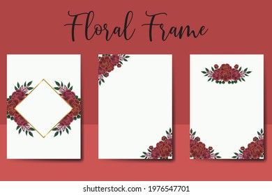 Wedding invitation frame set, digital art hand drawn Watercolor Red Rose Flower design Invitation Card Template