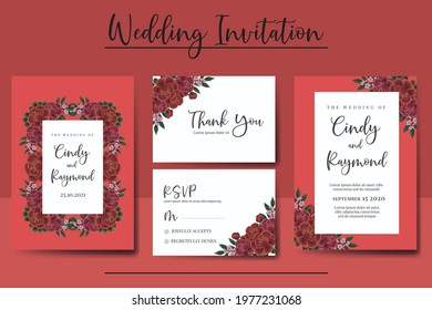 Wedding invitation frame set, digital art hand drawn Watercolor Red Rose Flower design Invitation Card Template