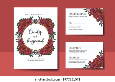 Wedding invitation frame set, digital art hand drawn Watercolor Red Rose Flower design Invitation Card Template