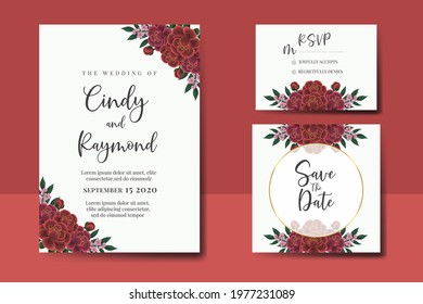 Wedding invitation frame set, digital art hand drawn Watercolor Red Rose Flower design Invitation Card Template