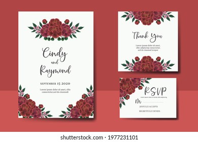 Wedding invitation frame set, digital art hand drawn Watercolor Red Rose Flower design Invitation Card Template