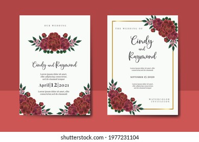 Wedding invitation frame set, digital art hand drawn Watercolor Red Rose Flower design Invitation Card Template