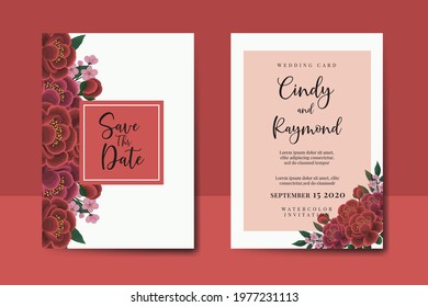 Wedding invitation frame set, digital art hand drawn Watercolor Red Rose Flower design Invitation Card Template