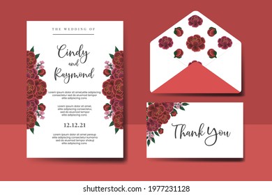 Wedding invitation frame set, digital art hand drawn Watercolor Red Rose Flower design Invitation Card Template
