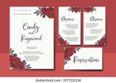 Wedding invitation frame set, digital art hand drawn Watercolor Red Rose Flower design Invitation Card Template