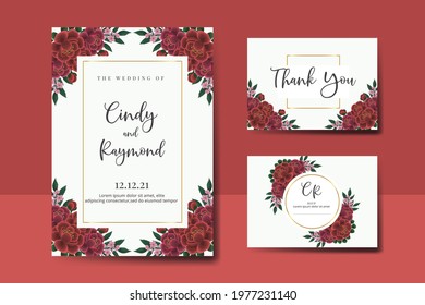 Wedding invitation frame set, digital art hand drawn Watercolor Red Rose Flower design Invitation Card Template