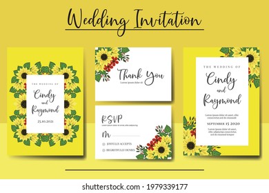 Wedding invitation frame set, digital art hand drawn Watercolor Sunflower design Invitation Card Template