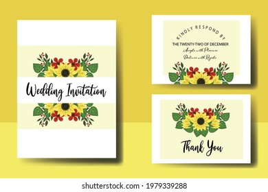 Wedding invitation frame set, digital art hand drawn Watercolor Sunflower design Invitation Card Template