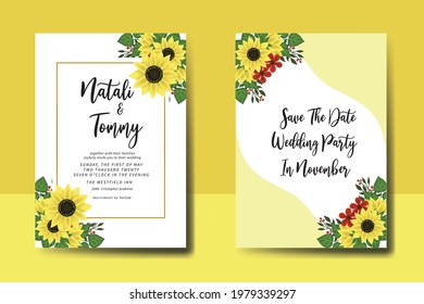 Wedding invitation frame set, digital art hand drawn Watercolor Sunflower design Invitation Card Template