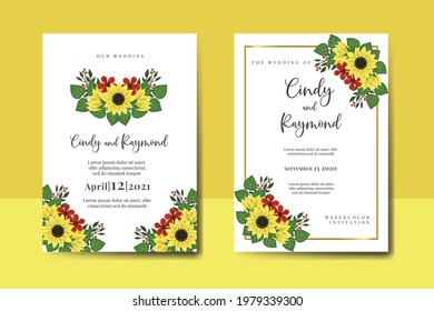 Wedding invitation frame set, digital art hand drawn Watercolor Sunflower design Invitation Card Template