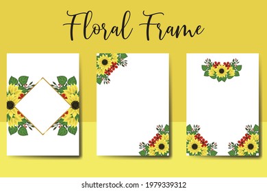 Wedding invitation frame set, digital art hand drawn Watercolor Sunflower design Invitation Card Template