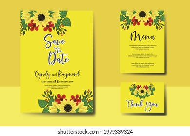 Wedding invitation frame set, digital art hand drawn Watercolor Sunflower design Invitation Card Template