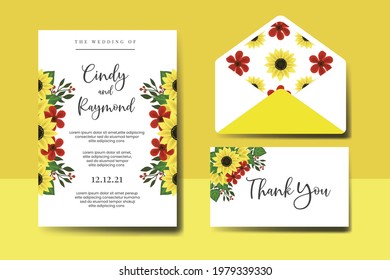 Wedding invitation frame set, digital art hand drawn Watercolor Sunflower design Invitation Card Template