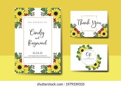 Wedding invitation frame set, digital art hand drawn Watercolor Sunflower design Invitation Card Template