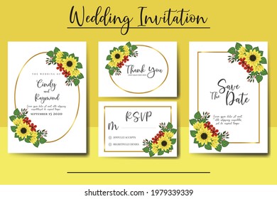 Einladungsrahmen für Hochzeiten, handgezeichnete digitale Kunst, Aquarellfarbe Sonnenblumen Design Einladungskarte Vorlage