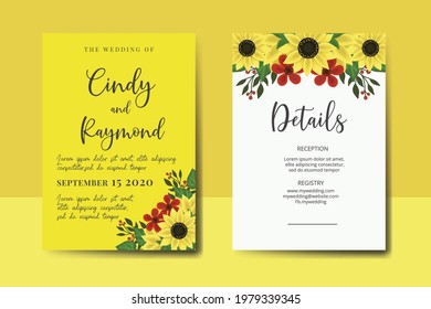 Wedding invitation frame set, digital art hand drawn Watercolor Sunflower design Invitation Card Template