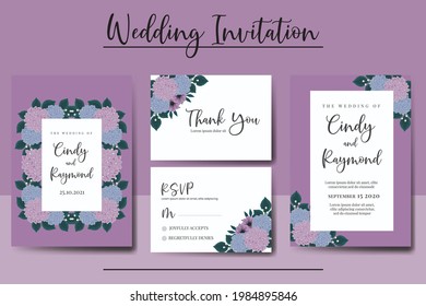 Juego de marcos de invitación de boda, Planilla de la tarjeta de invitación para el diseño de flores de hidrangea dibujada a mano por acuarela floral digital