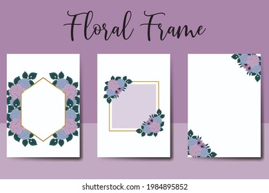Juego de marcos de invitación de boda, Planilla de la tarjeta de invitación para el diseño de flores de hidrangea dibujada a mano por acuarela floral digital