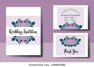 Juego de marcos de invitación de boda, Planilla de la tarjeta de invitación para el diseño de flores de hidrangea dibujada a mano por acuarela floral digital