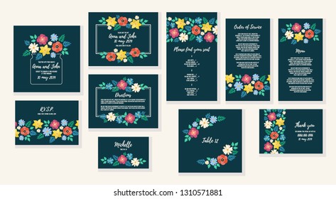 Wedding invitation frame set with flat flower frame background, hand drawn floral elements label. Vector design template, isolated. Save the date, welcome and thank you card, menu and other.