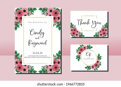 Wedding Invitation Frame Set, Floral Watercolor Hand Drawn Zinnia Flower Design Invitation Card Template