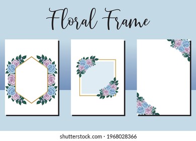 Wedding invitation frame set, floral watercolor hand drawn Blue and Purple Rose Flower design Invitation Card Template