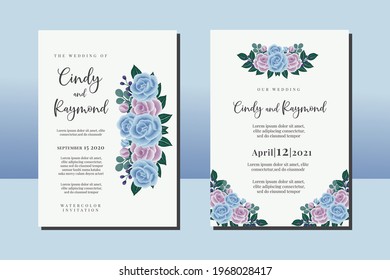 Wedding invitation frame set, floral watercolor hand drawn Blue and Purple Rose Flower design Invitation Card Template