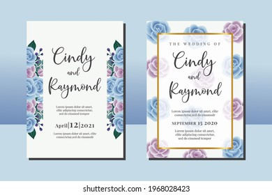 Wedding invitation frame set, floral watercolor hand drawn Blue and Purple Rose Flower design Invitation Card Template
