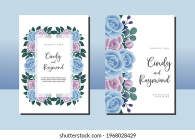 Wedding invitation frame set, floral watercolor hand drawn Blue and Purple Rose Flower design Invitation Card Template