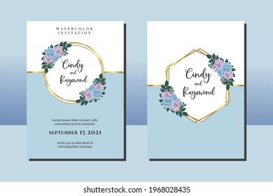 Juego de marcos de invitación de boda, acuarela floral dibujado a mano Flor azul y morada de rosa de color azul plantilla de tarjeta de invitación