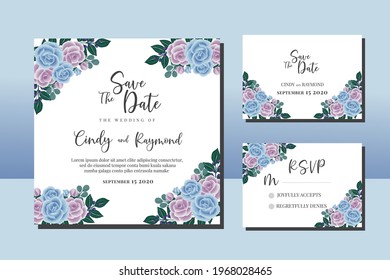 Wedding invitation frame set, floral watercolor hand drawn Blue and Purple Rose Flower design Invitation Card Template