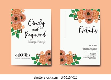 Wedding invitation frame set, floral watercolor hand drawn Zinnia with Rose Flower design Invitation Card Template