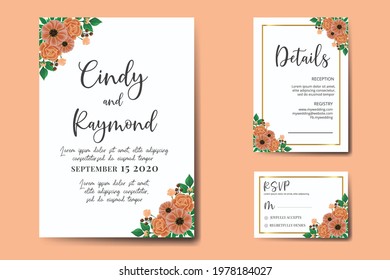 Wedding invitation frame set, floral watercolor hand drawn Zinnia with Rose Flower design Invitation Card Template