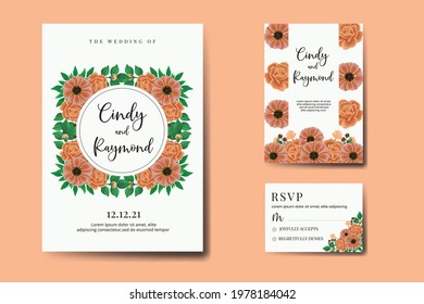 Wedding invitation frame set, floral watercolor hand drawn Zinnia with Rose Flower design Invitation Card Template