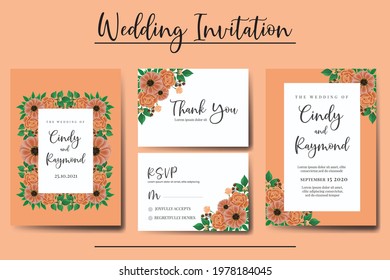 Wedding invitation frame set, floral watercolor hand drawn Zinnia with Rose Flower design Invitation Card Template