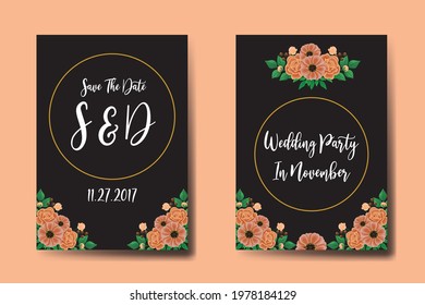 Wedding invitation frame set, floral watercolor hand drawn Zinnia with Rose Flower design Invitation Card Template
