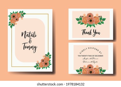 Wedding invitation frame set, floral watercolor hand drawn Zinnia with Rose Flower design Invitation Card Template