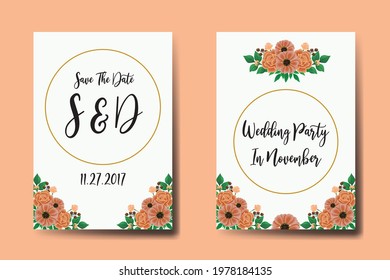 Wedding invitation frame set, floral watercolor hand drawn Zinnia with Rose Flower design Invitation Card Template