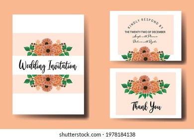 Wedding invitation frame set, floral watercolor hand drawn Zinnia with Rose Flower design Invitation Card Template